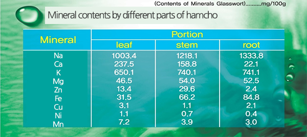 Mineral contents by different parts of hamcho