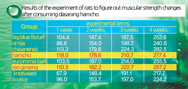 Results of the experiment of rats to figure out muscular strength changes after consuming dasarang hamcho